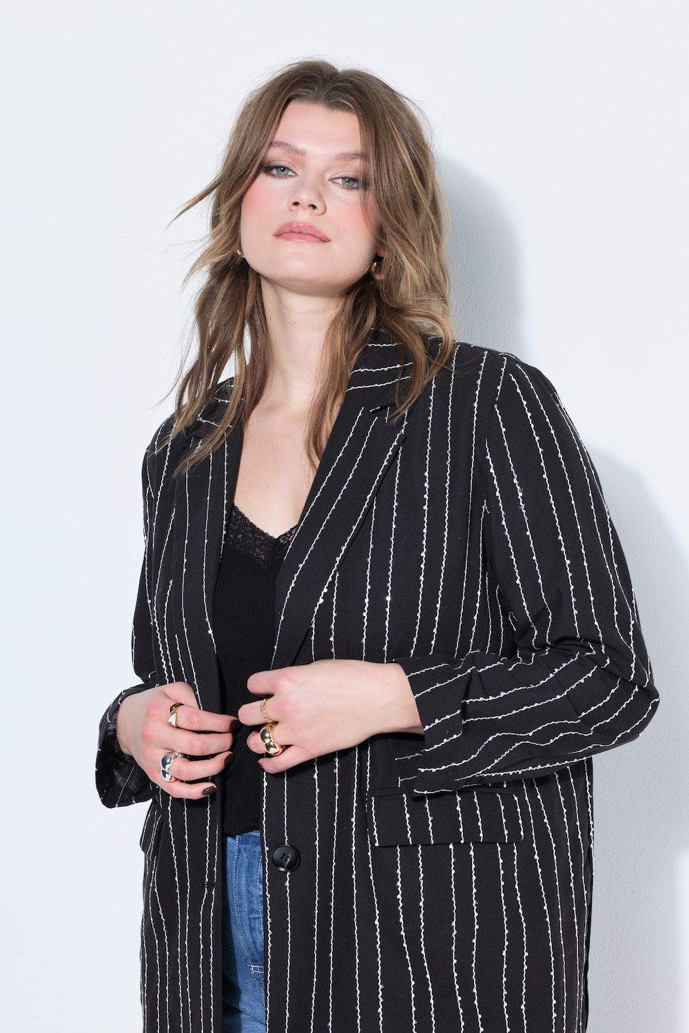 Blazer, oversized, krijtstrepen met pailletten
