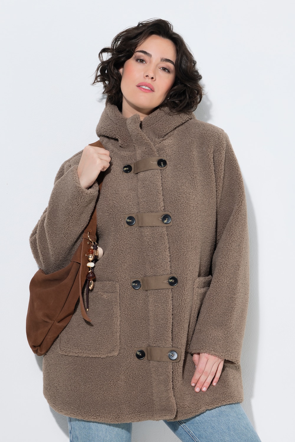 Teddy-Jacke, A-Linie, Kapuze, Knebelknöpfe