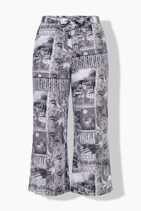 Culotte, weites, gerades Bein, Print, Bindegürtel
