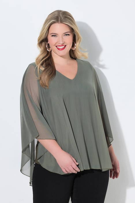 Mesh blouse, wijde pasvorm, motief, split achter