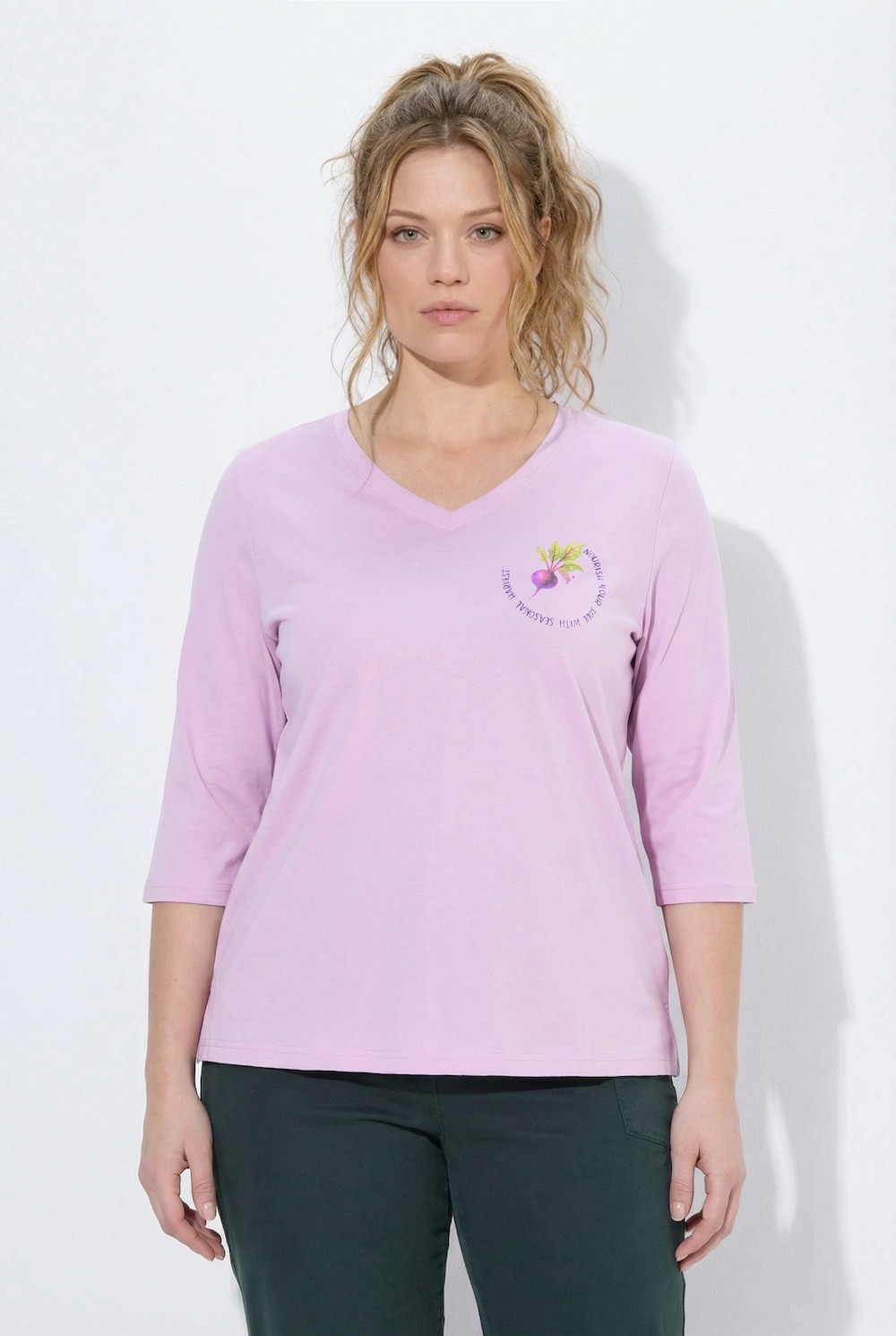 Shirt, Food-Motiv, V-Ausschnitt, 3/4-Arm, Biobaumwolle