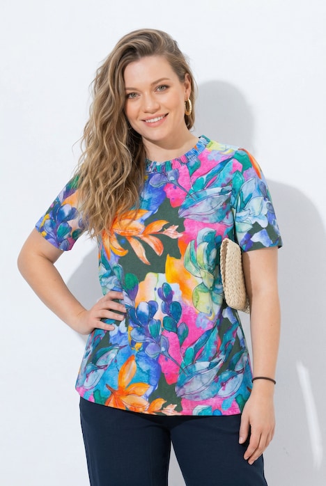 Eco Cotton Watercolor Leaves Elastic Neck Tee