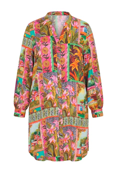 Košilové šaty, áčkový střih, celoplošný potisk, široké dlouhé rukávy