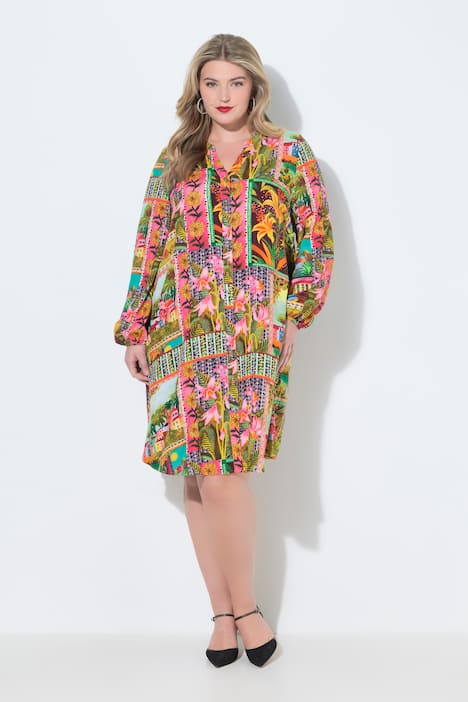 Floral Patchwork Print Long Sleeve Shirt Dress