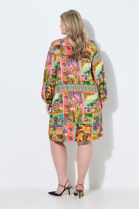 Floral Patchwork Print Long Sleeve Shirt Dress