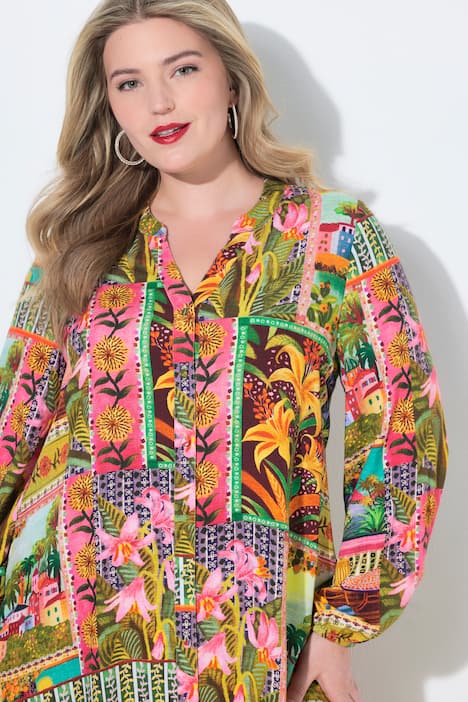 Floral Patchwork Print Long Sleeve Shirt Dress