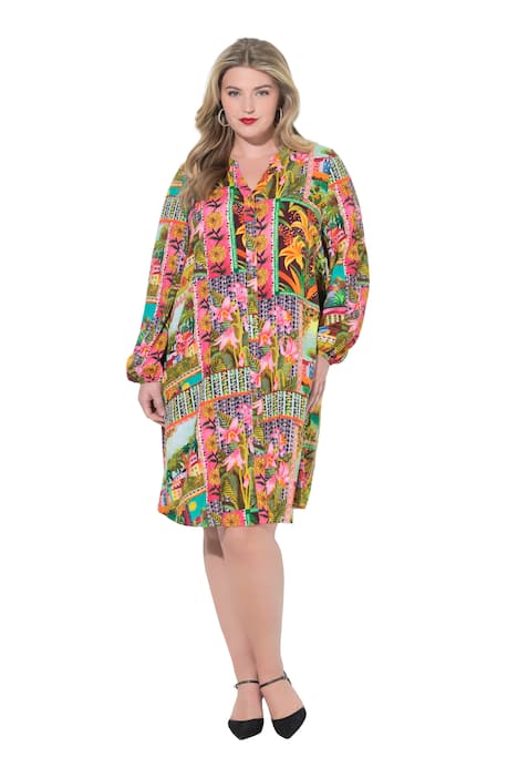 Košilové šaty, áčkový střih, celoplošný potisk, široké dlouhé rukávy