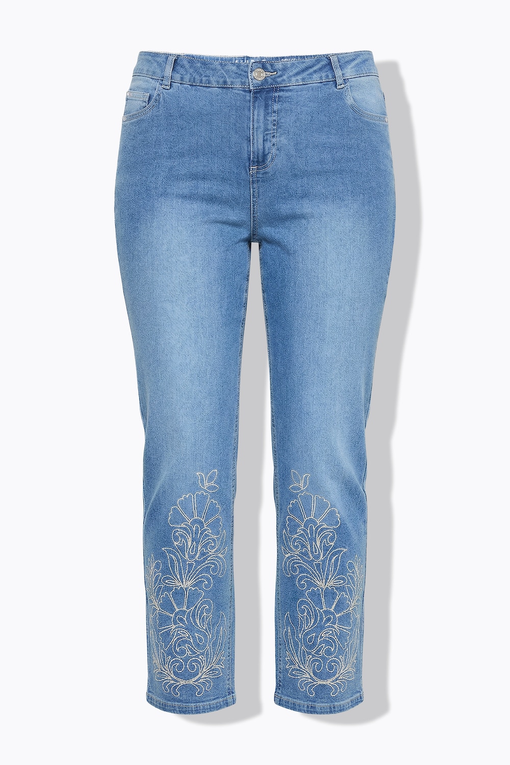 Stora storlekar Mom jeans med broderi på fållen i 5-ficksmodell, Dam, blå, storlek: 56, Bomull, Studio Untold