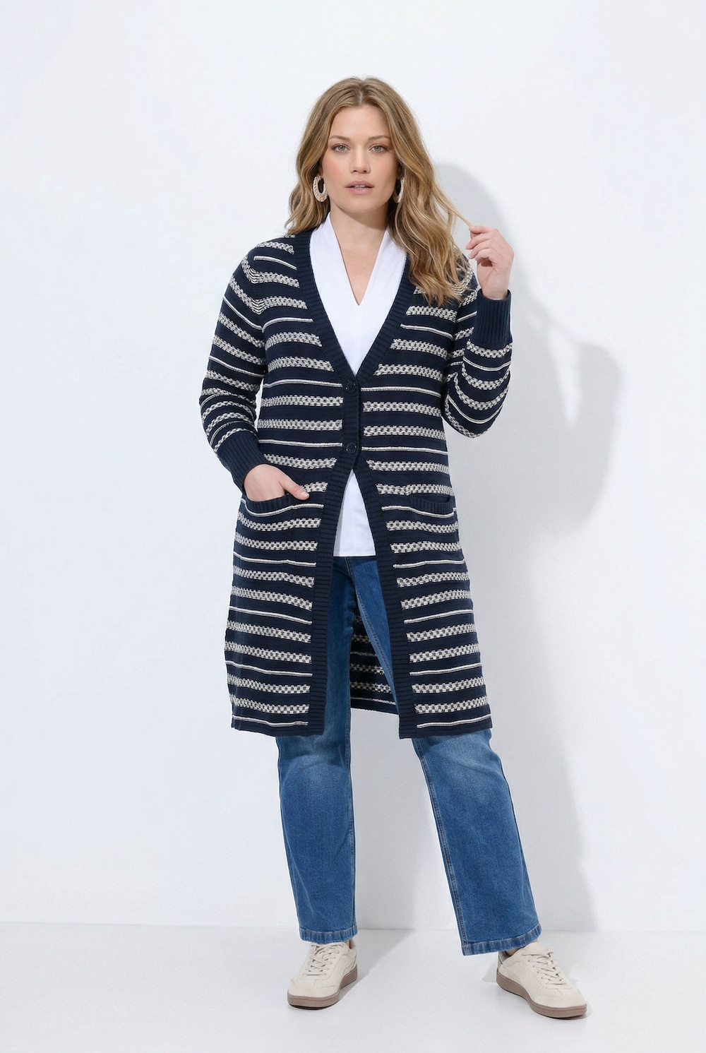 Long-Strickjacke, V-Ausschnitt, Langarm, Biobaumwolle