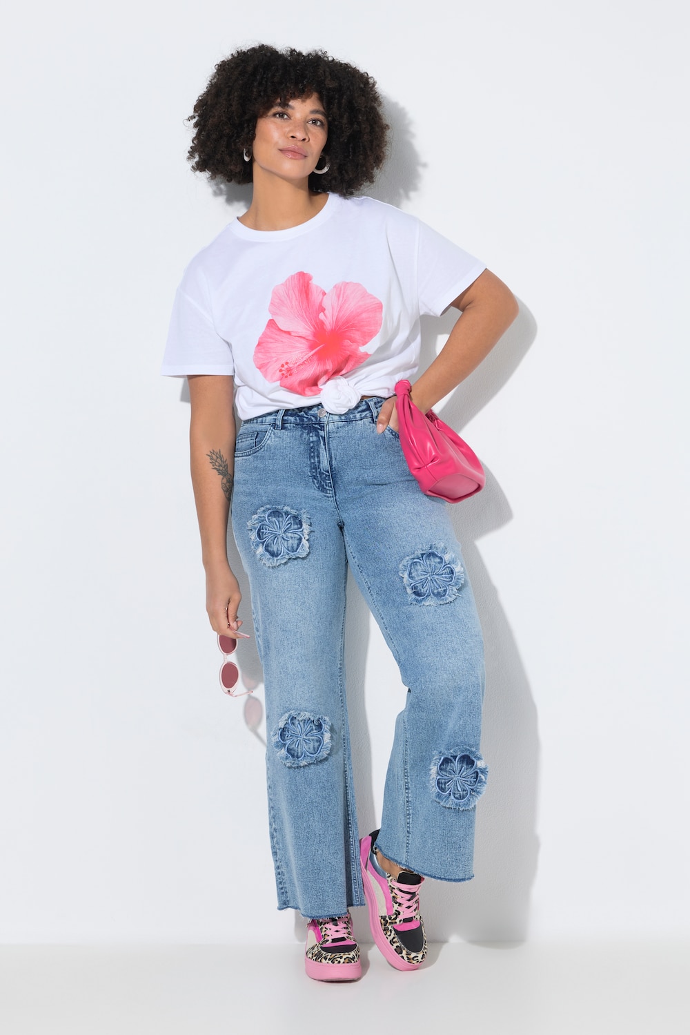 Jeans Nora, weites Bein, Fransen-Blüten, 5-Pocket