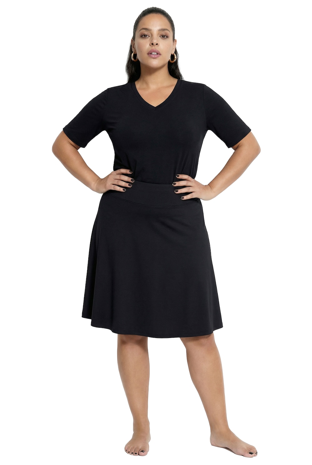 Stora storlekar Knälång 2-i-1 kjol med resår i midjan, Dam, svart, storlek: 54/56, Polyester/Elastan, Ulla Popken