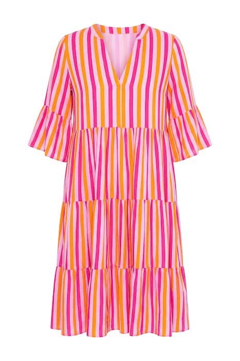 Maxi šaty, áčkový střih, mušelín, proužky, volány