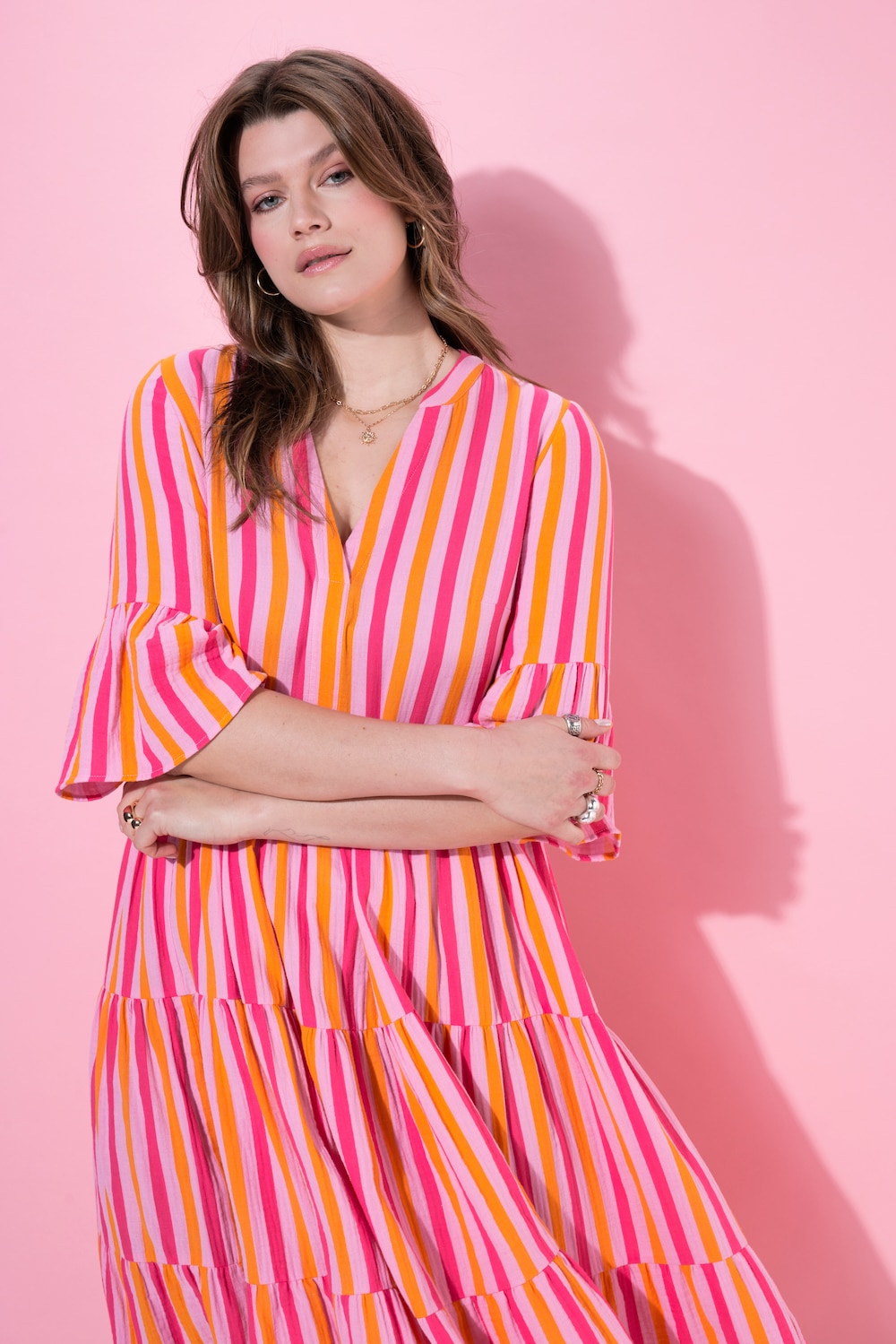 Midikleid, A-Line, Musselin, Streifen, Volants