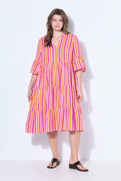 Midikleid, A-Line, Musselin, Streifen, Volants