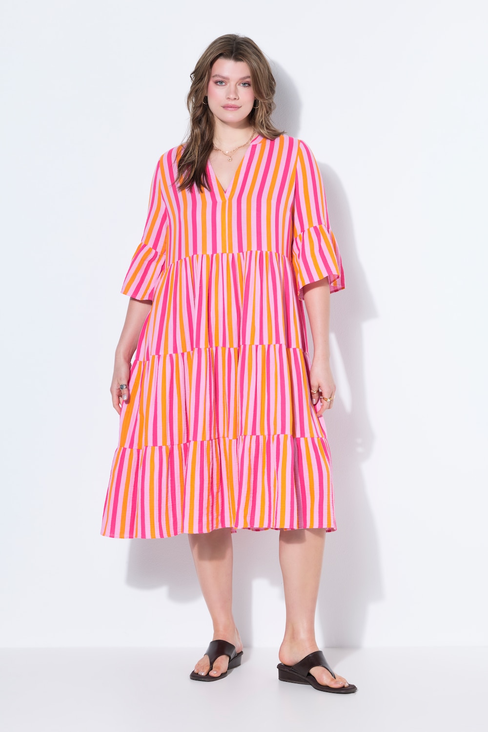 Midikleid, A-Line, Musselin, Streifen, Volants