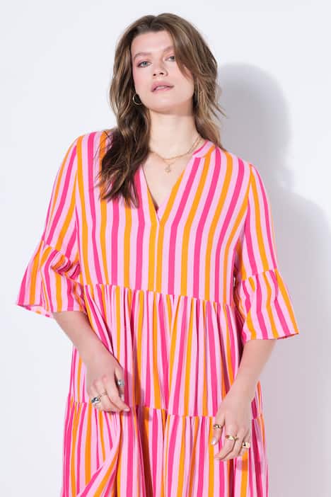 Midikleid, A-Line, Musselin, Streifen, Volants