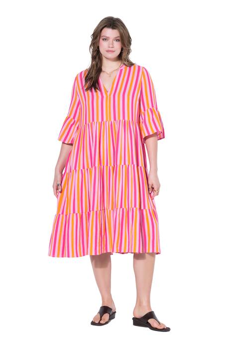 Maxi šaty, áčkový střih, mušelín, proužky, volány