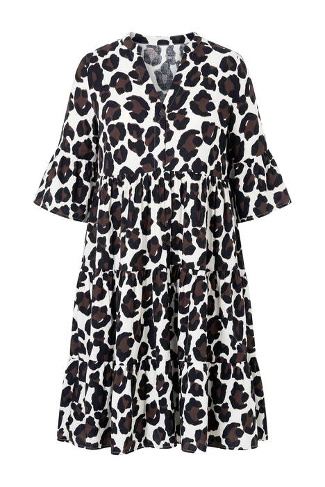 Maxi šaty, áčkový střih, mušelín, leopardí vzor, volány