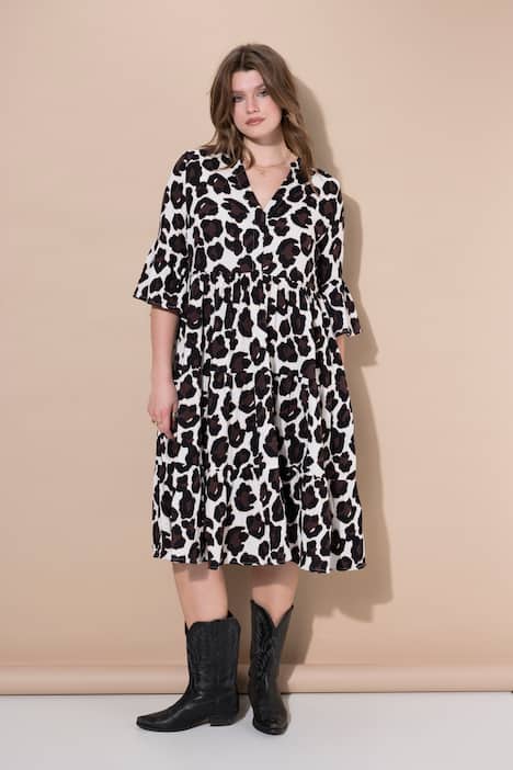 Maxi-jurk, A-lijn, mousseline, luipaardprint, volants