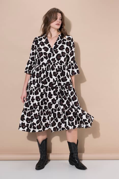 Maxi-jurk, A-lijn, mousseline, luipaardprint, volants