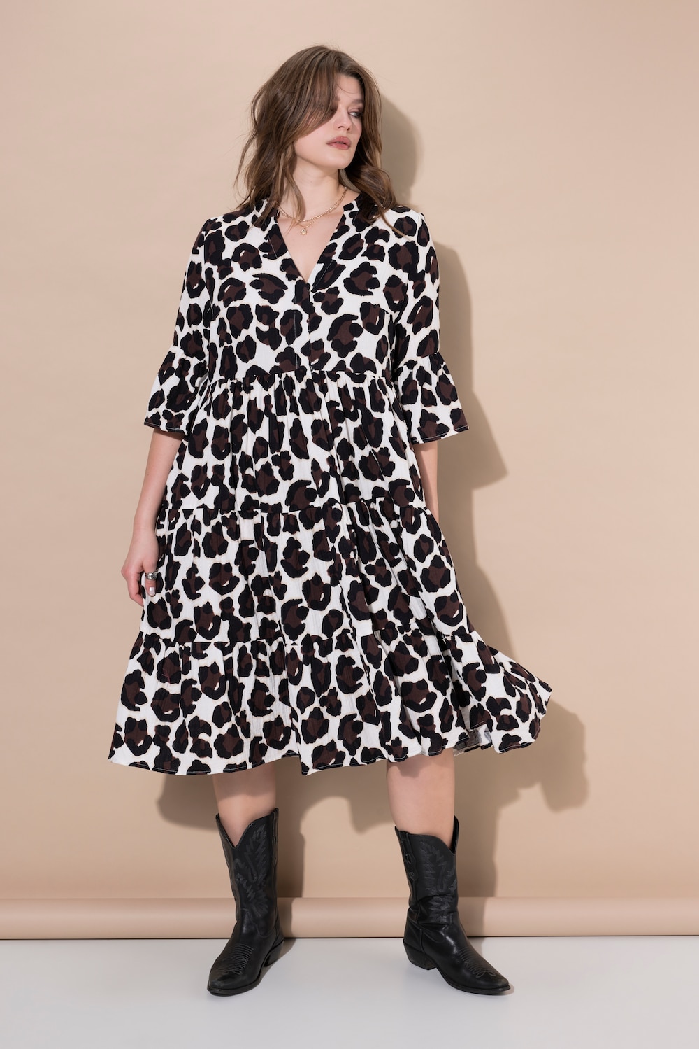 Maxikleid, A-Line, Musselin, Leo, Volants