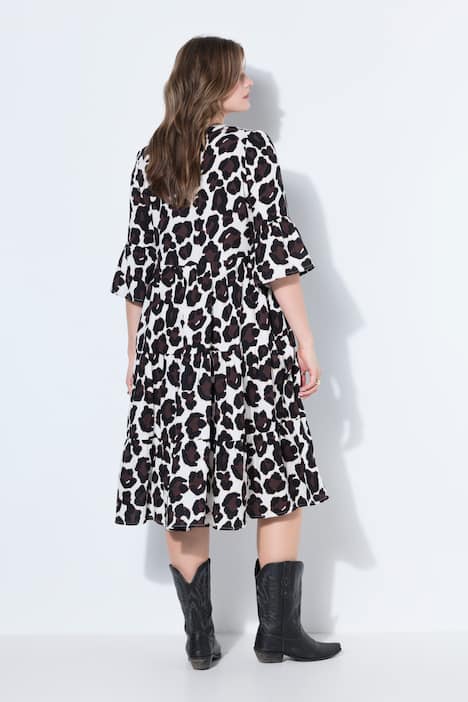 Maxi-jurk, A-lijn, mousseline, luipaardprint, volants