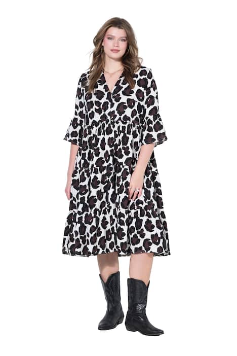 Maxi šaty, áčkový střih, mušelín, leopardí vzor, volány
