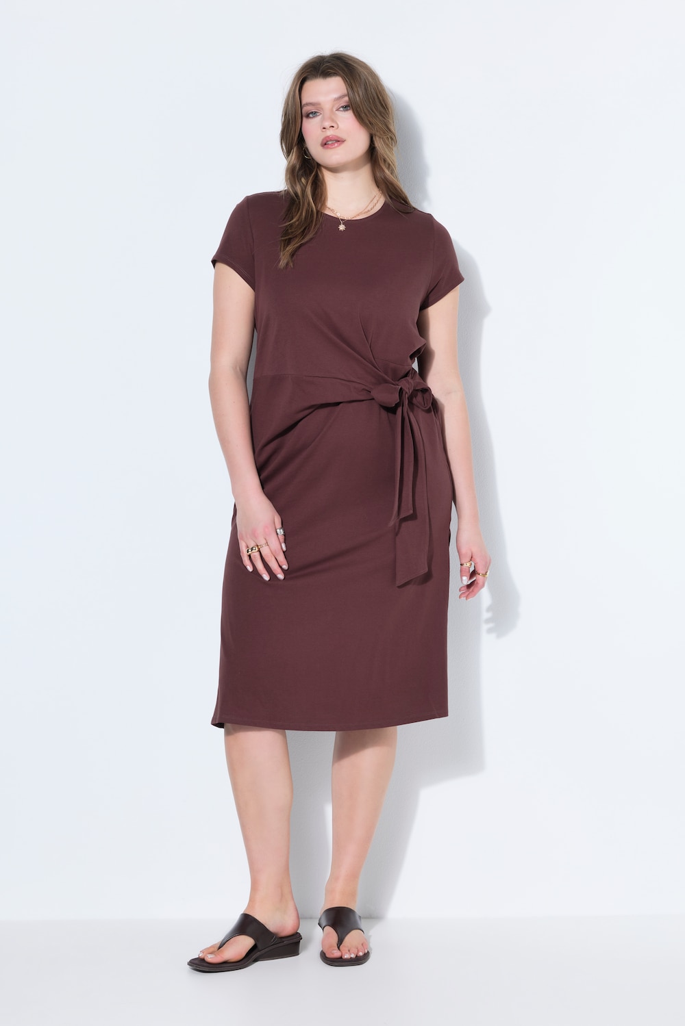 Midi-Jerseykleid, A-Line, Drapierung mit Bindeband