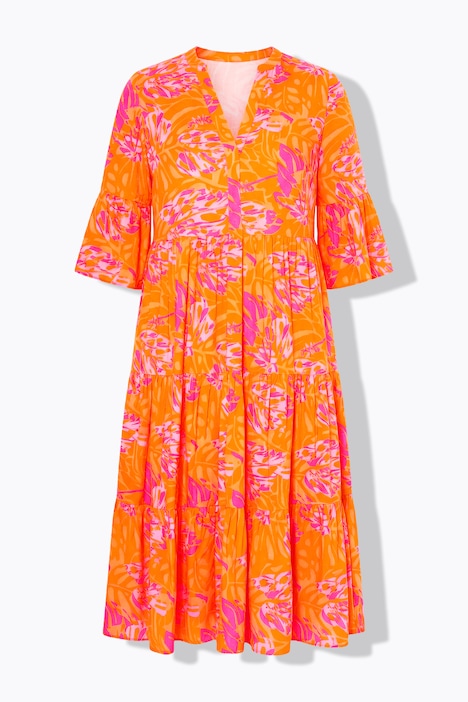 Midikleid, A-Line, Leafs-Print, Volants