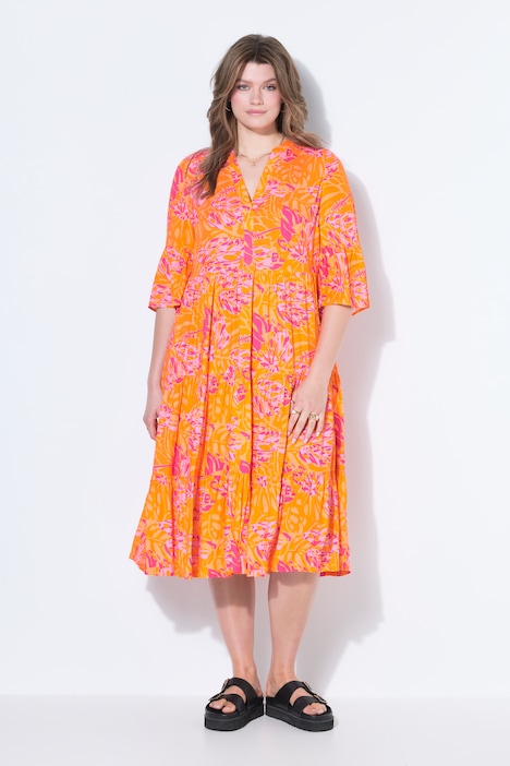 Midikleid, A-Line, Leafs-Print, Volants