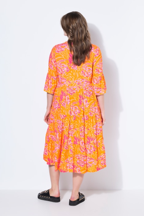 Midikleid, A-Line, Leafs-Print, Volants