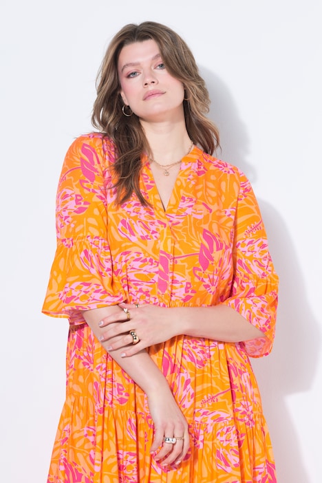 Midikleid, A-Line, Leafs-Print, Volants