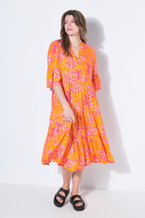 Midikleid, A-Line, Leafs-Print, Volants