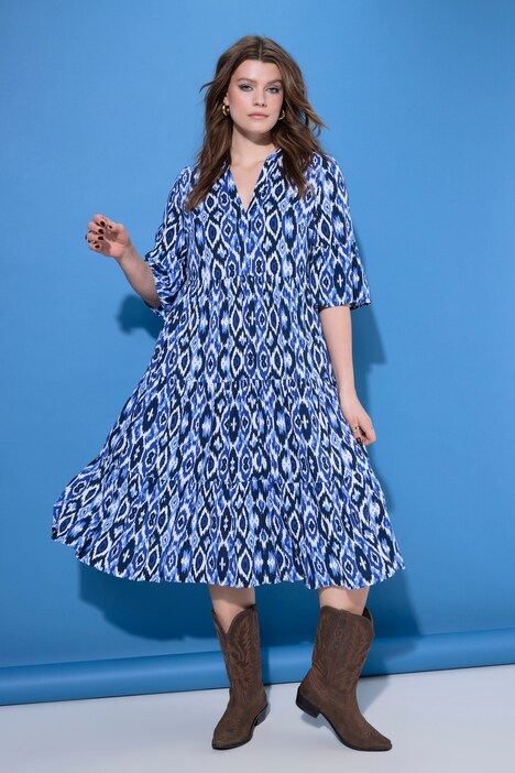 Vestido largo, corte A, rombos, volantes