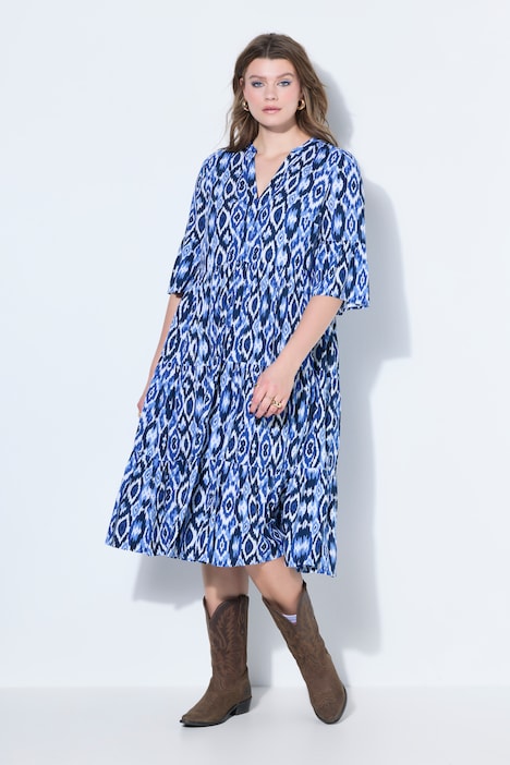 Vestido largo, corte A, rombos, volantes