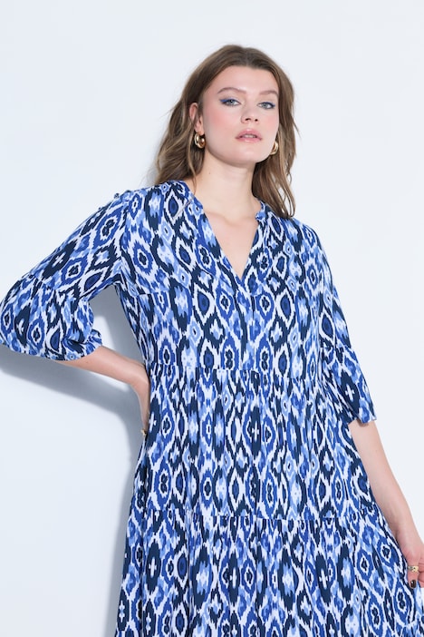 Vestido largo, corte A, rombos, volantes