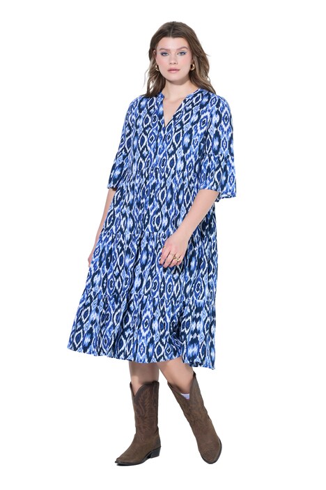 Maxi šaty áčkového střihu s rombovým vzorem a volány