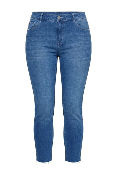 Džíny v kratší délce, pět kapes, lem s třásněmi