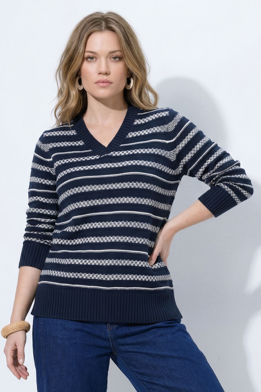 Pullover, Streifen, V-Ausschnitt, Langarm, Biobaumwolle