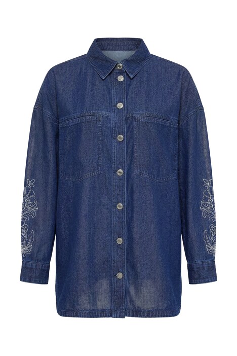 džínová košile, volný střih, výšivka na rukávu