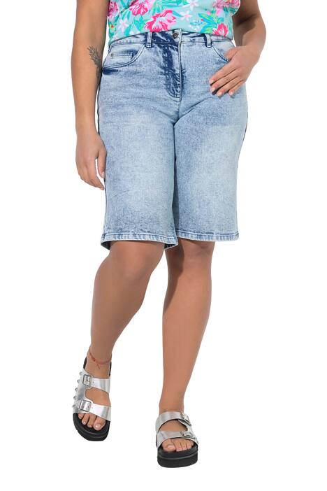 Džínové bermudy, široké nohavice, vysoký pas, 5 kapes
