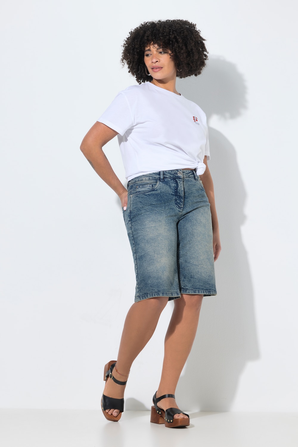Jeans-Bermuda, weites Bein, High Waist, 5-Pocket