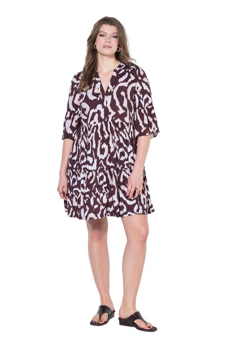 Šaty, krátký áčkový střih, potisk, volánky