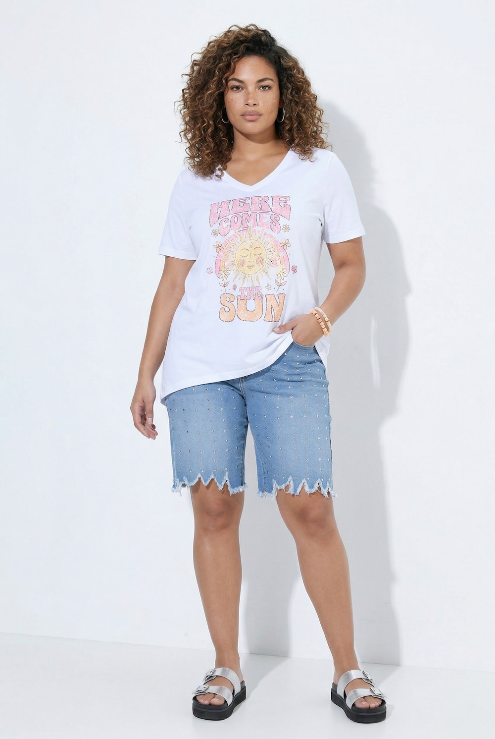 Jeans-Bermuda, Loose Fit, Ziernieten-Streifen