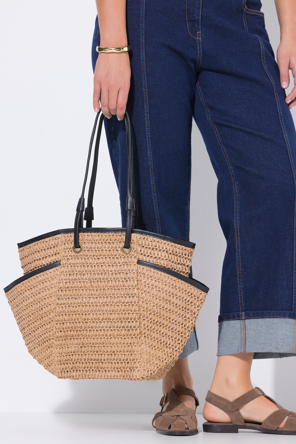 Strohtasche, Lederoptik-Einfassungen, Reissverschluss