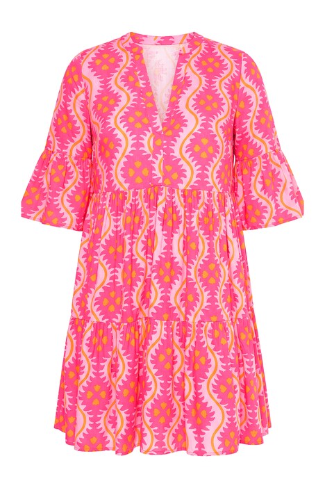 Šaty, krátký áčkový střih, potisk, volánky