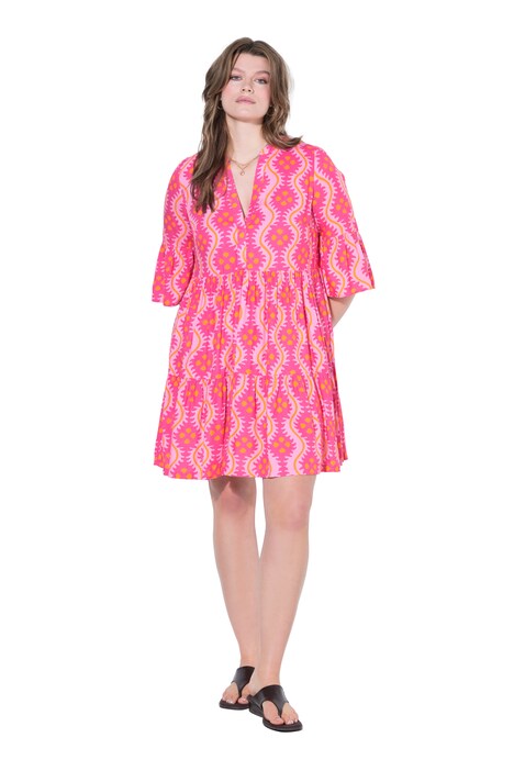 Šaty, krátký áčkový střih, potisk, volánky