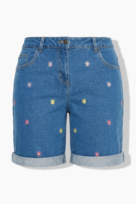 Flower Embroidered Stretch-Fit Denim Bermuda Shorts