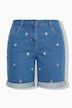 Flower Embroidered Stretch-Fit Denim Bermuda Shorts