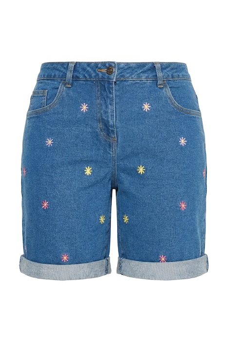 Džínové kraťasy, rovný střih, 5 kapes, vyšívané květiny